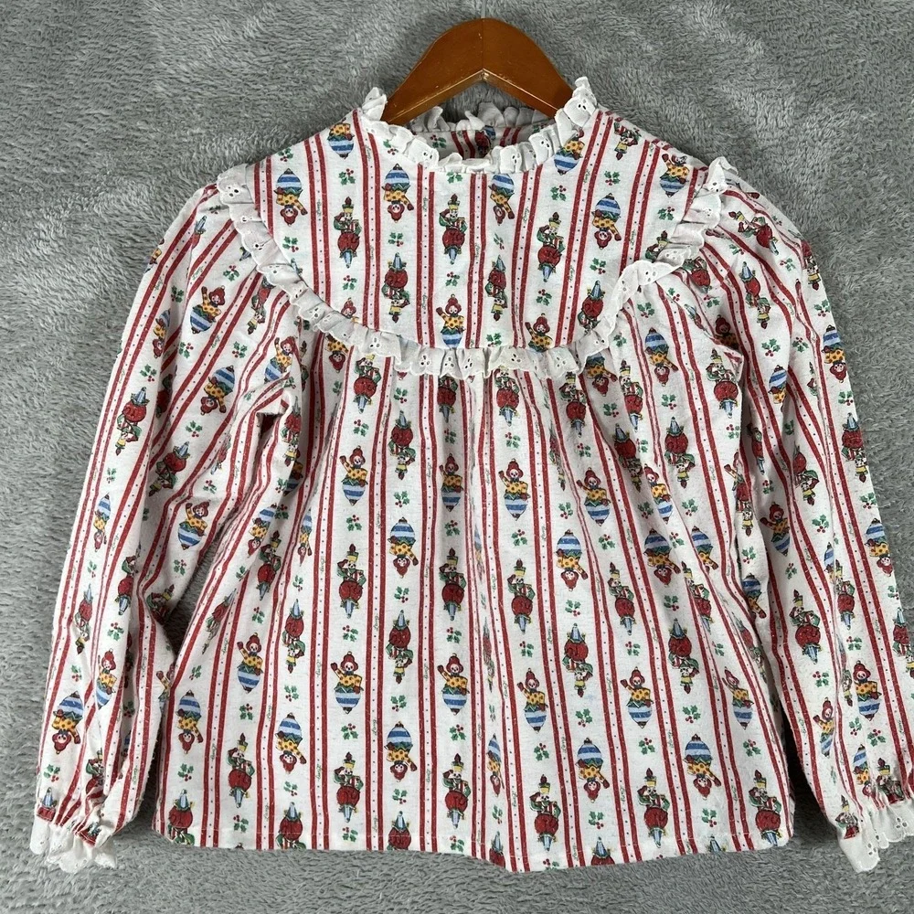 Lanz of Salzburg Pajama‎ Top Girls Size 8 White Clown Stripe Eyelet Lace Vintage